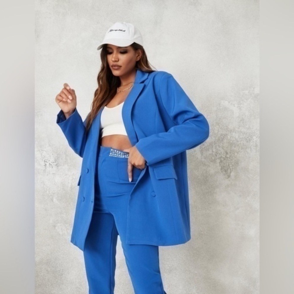 NWT Missguided Blue Grandad Double Breasted Oversized Blazer Jacket 0